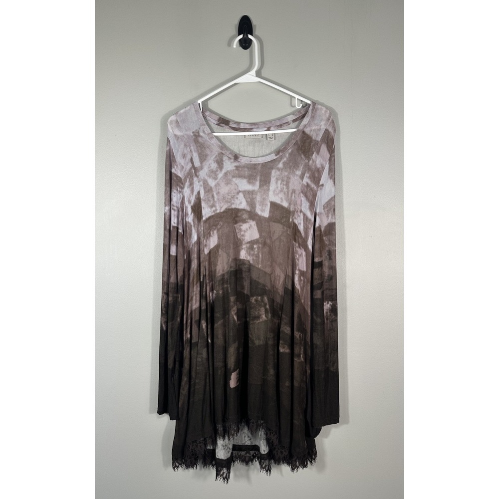LOGO By Lori Goldstein Top Womens Small Brown Abstract‎ Lace Trim Fairy Pockets